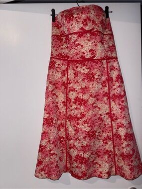 Ann Taylor Floral Strapless A-Line Dress in Red and Cream